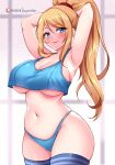  1girl bare_shoulders blonde_hair blue_eyes blue_panties blue_thighhighs blurry blurry_background breasts hair_between_eyes impossible_clothes large_breasts looking_at_viewer metroid metroid_(classic) midriff navel panties ponytail samus_aran smile solo striped striped_thighhighs sugarbell thick_thighs thighhighs thighs underwear 