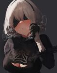  1girl 2b_(nier:automata) absurdres black_blindfold black_dress black_hairband blindfold blush breasts cleavage cleavage_cutout clothing_cutout commentary_request dio_nand dress grey_background grey_hair hairband hand_up heavy_breathing highres juliet_sleeves large_breasts long_sleeves nier:automata nier_(series) open_mouth parted_lips puffy_sleeves short_hair simple_background solo sweat upper_body 