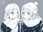  2girls absurdres beanie blush commentary_request ear_blush eye_contact hair_ornament hairclip hat highres jacket kashikaze long_hair looking_at_another love_live! love_live!_sunshine!! monochrome multiple_girls parted_lips sakurauchi_riko scarf short_hair simple_background single_sidelock upper_body watanabe_you winter_clothes 