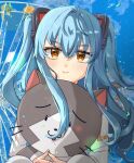  1girl animal_ears blue_background blue_hair blue_sky closed_mouth confetti eiyuu_densetsu fake_animal_ears ferris_wheel hair_between_eyes hajimari_no_kiseki long_sleeves looking_at_viewer mishy object_hug orange_eyes outdoors sen_no_kiseki sky smile solo stuffed_animal stuffed_toy tio_plato upper_body zer00han 