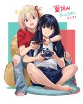  2girls barefoot blonde_hair blue_shorts denim denim_shorts feet highres inoue_takina jeans lycoris_recoil multiple_girls neko_(yanshoujie) nishikigi_chisato pants playing_games playstation_controller red_eyes red_shirt shark shirt shorts smile torn_clothes torn_jeans torn_pants white_background white_shirt 