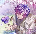  &gt;_&lt; 1boy :&lt; absurdres ahoge bata000e blurry blurry_foreground blush branch cherry_blossoms closed_eyes commentary crossed_bangs day depth_of_field english_commentary falling_petals fingernails flower food food_art forest fork gradient_hair grass hair_between_eyes hand_up highres holding holding_fork jacket lapels long_sleeves male_focus multicolored_hair nail_polish nature nijisanji nijisanji_en open_clothes open_jacket open_mouth outdoors petals pink_flower pink_hair purple_hair purple_nails round_teeth shirt short_hair sidelocks sleeves_past_wrists smile stargazer_(uki_violeta) tako-san_wiener teeth tree uki_violeta virtual_youtuber white_jacket yellow_shirt 