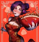  blush breasts china_dress chinese_clothes chopsticks cleavage clothing_cutout dress eating food headset hot indie_virtual_youtuber lae-dee leg_cutout molina noodles purple_eyes purple_hair red_background red_dress sweatdrop virtual_youtuber 