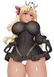  1girl absurdres black_dress blonde_hair blush breasts clothes_lift covered_navel covered_nipples dark-skinned_female dark_skin dress earrings ereshkigal_(fate) ereshkigal_alter_(fate) fate/grand_order fate_(series) flashing hair_ribbon highres hoop_earrings impossible_clothes impossible_dress jewelry lifted_by_self long_hair long_sleeves looking_at_viewer panties parted_bangs red_eyes ribbon skirt skirt_lift smile solo taut_clothes taut_dress tiara two_side_up underwear white_panties yakisobapan_tarou_&amp;_negitoro-ko 