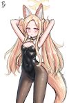  1girl :o absurdres animal_ear_fluff animal_ears armpits arms_behind_head arms_up black_leotard blonde_hair blue_archive blush breasts brown_pantyhose commentary covered_navel english_commentary forehead halo highres leotard long_hair looking_at_viewer pantyhose parted_bangs parted_lips pink_hair playboy_bunny rylaera seia_(blue_archive) signature simple_background small_breasts solo standing strapless strapless_leotard tail twintails very_long_hair white_background 