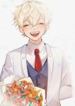  1boy bennett_(genshin_impact) bishounen bouquet closed_eyes flower genshin_impact highres holding holding_bouquet male_focus necktie red_necktie silva_shiro simple_background smile solo suit vest white_background white_hair white_suit windwheel_aster_(genshin_impact) 