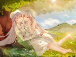  2girls absurdres bare_shoulders barefoot blue_sky character_request check_character closed_eyes cloud cloudy_sky commentary_request day dress earrings fu_hua fu_hua_(herrscher_of_sentience) grey_hair hair_between_eyes hat highres honkai_(series) honkai_impact_3rd jacket jewelry juliet_sleeves long_hair long_sleeves looking_at_another multiple_girls on_grass outdoors parted_lips puffy_sleeves red_eyes sky sleeveless sleeveless_dress smile tree very_long_hair white_dress white_headwear white_jacket x51489586 