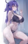 1girl absurdres alternate_costume bare_shoulders blue_archive blue_eyes blush bra breasts choker halo highleg highleg_panties highres huge_breasts k_0art lace-trimmed_bra lace_trim lingerie long_hair looking_at_viewer navel open_mouth panties parted_bangs purple_eyes purple_hair see-through solo stomach thighs two_side_up underwear yuuka_(blue_archive) 