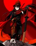  1girl badnick69_(camchi) black_headwear chain family_crest fate/grand_order fate_(series) hat highres holding holding_sword holding_weapon long_hair long_sleeves military_hat oda_nobunaga_(fate) oda_nobunaga_(koha-ace) oda_uri peaked_cap red_background red_eyes sharp_teeth smirk sword teeth weapon 