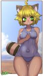 alternate_version_at_source anthro arumo blonde_hair blue_clothing blue_sky blue_swimwear bodily_fluids brown_body brown_fur butt_from_the_front canid canine clothing ear_tuft eyebrow_through_hair eyebrows female front_view fur glistening glistening_hair green_eyes hair hi_res inner_ear_fluff mammal navel one-piece_swimsuit open_mouth outie outie_navel outside pink_tongue portrait raccoon_dog sky solo sweat sweatdrop swimwear tanuki three-quarter_portrait tongue translucent translucent_hair tuft wide_hips 