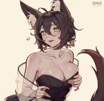  1girl :p ahoge animal_ear_fluff animal_ears bare_shoulders black_dress breasts brown_hair chui_art cleavage collarbone commentary dress fox_ears fox_tail highres honkai:_star_rail honkai_(series) large_breasts looking_at_viewer off_shoulder short_hair simple_background smile solo strapless strapless_dress tail tingyun_(honkai:_star_rail) tongue tongue_out upper_body yellow_background yellow_eyes 