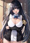 1girl :o armband black_hair blue_bow blue_bowtie blue_eyes blurry blurry_background blush bow bowtie bra breasts cleavage collared_shirt commentary_request cowboy_shot hair_ornament highres large_breasts liya long_sleeves looking_at_viewer no_pants open_mouth original panties shirt thigh_gap translation_request underwear white_bra white_panties 