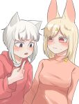  2girls animal_ears bangs black_eyes blonde_hair blunt_bangs blunt_ends blush breast_envy breasts fei_ren_zai fox_ears fox_girl goose_g3 highres hood hoodie jiuyue_(fei_ren_zai) long_sleeves medium_breasts multiple_girls pink_eyes pink_shirt rabbit_ears rabbit_girl red_hoodie shirt short_hair signature simple_background star_(symbol) sweat white_background white_hair xiaoyu_(fei_ren_zai) 