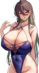  1girl :q absurdres bare_shoulders black_hair blue_one-piece_swimsuit blush breasts cleavage closed_mouth collarbone commentary_request commission covered_navel goddess_of_victory:_nikke green_hair guilty_(nikke) hair_between_eyes heart highleg highleg_swimsuit highres huge_breasts long_hair looking_at_viewer multicolored_hair one-piece_swimsuit purple_eyes simple_background skeb_commission smile swimsuit tiri_man tongue tongue_out two-tone_hair white_background 