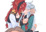 2girls asticassia_school_uniform commentary_request front-seamed_legwear grey_hair gundam gundam_suisei_no_majo jewelry kiss koma_(remi_398) long_hair miorine_rembran multiple_girls red_hair ring school_uniform seamed_legwear suletta_mercury twitter_username wedding_ring wife_and_wife yuri 