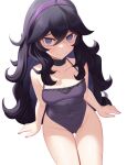  1girl @_@ ahoge arm_support black_choker black_hair blush breasts choker cleavage closed_mouth collarbone commentary_request covered_navel curly_hair gazing_eye grey_eyes hair_between_eyes hairband hex_maniac_(pokemon) highres long_hair looking_at_viewer medium_breasts nail_polish one-piece_swimsuit pokemon pokemon_(game) pokemon_xy purple_hairband purple_nails purple_one-piece_swimsuit raised_eyebrows simple_background sitting smile solo sweat swimsuit white_background 