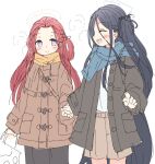  2girls alternate_costume aris_(blue_archive) black_skirt blue_archive blue_eyes blue_hair blue_halo blue_scarf blush braid breath brown_coat brown_skirt closed_eyes coat dark_blue_hair duffel_coat facing_another forehead grey_coat hair_between_eyes halo holding_hands kamotsu_yasai long_hair long_sleeves looking_at_another mechanical_halo multiple_girls one_side_up open_mouth orange_scarf pointing red_hair red_halo scarf shirt side_braid skirt smile very_long_hair white_background white_shirt winter_clothes winter_coat yuzu_(blue_archive) 