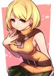  1girl ashley_graham blonde_hair bob_cut breasts green_skirt highres large_breasts looking_at_viewer orange_shirt orange_sweater resident_evil resident_evil_4 resident_evil_4_(remake) shirt short_hair skirt sleeveless sleeveless_sweater sleeveless_turtleneck smile sweater sweater_around_neck turtleneck umenodo yellow_eyes 