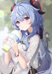  1girl absurdres ahoge bell blue_hair blurry bow bracelet commentary_request cup depth_of_field disposable_cup drinking_straw drinking_straw_in_mouth from_side ganyu_(heytea)_(genshin_impact) genshin_impact goat_horns hair_between_eyes hair_bow hair_ribbon highres holding holding_cup horns jewelry koki_(latte1023) lamppost long_hair long_sleeves looking_at_viewer looking_to_the_side low_ponytail neck_bell official_alternate_costume outdoors purple_eyes ribbon shirt sidelocks solo upper_body white_shirt 