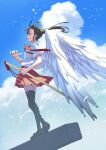  1girl akamatsu_ken angel angel_wings asymmetrical_bangs bird black_hair black_thighhighs blue_sky breasts brown_footwear cloud commentary concrete cumulonimbus_cloud day dress_shirt falling_feathers feathered_wings feathers floating_clothes floating_hair floating_neckwear flock from_side hair_tie hand_up highres holding holding_sword holding_weapon katana large_wings light_rays loafers long_hair looking_ahead mahou_sensei_negima! messy_hair necktie outdoors pleated_skirt profile red_necktie red_skirt sailor_collar sakurazaki_setsuna school_uniform sheath sheathed shirt shoes short_sleeves side_ponytail skirt sky small_breasts standing sword textless_version thighhighs weapon white_feathers white_shirt wind wind_lift wings 