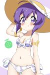  1girl absurdres bikini blush breasts closed_mouth collarbone earrings floral_print hat highres hr-p jashin-chan_dropkick jewelry looking_at_viewer medusa_(jashin-chan_dropkick) navel purple_eyes purple_hair short_hair small_breasts smile solo swimsuit 