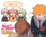  1boy 4girls :| absurdres blonde_hair blurry blurry_foreground brother_and_sister brown_hair closed_eyes closed_mouth cloudkourin commentary crossed_arms diagonal-striped_bowtie diagonal-striped_necktie english_commentary english_text green_eyes grey_hair heart highres hinomori_shiho index_finger_raised jacket kamiyama_high_school_uniform_(project_sekai) kusanagi_nene long_hair low_tied_sidelocks miyamasuzaka_girls&#039;_academy_school_uniform momoi_airi multicolored_hair multiple_girls open_clothes open_jacket open_mouth orange_hair pink_hair project_sekai school_uniform shinonome_akito shinonome_ena short_hair short_twintails siblings streaked_hair teeth twintails twitter_username two-tone_hair upper_body 