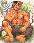  1boy abs animal_ears bamboo_shoot bara brown_hair bulge chest_hair chinese_zodiac cow_boy cow_ears cow_horns dark-skinned_male dark_skin eating facial_hair flower food fruit hand_fan highres holding holding_food horns male_focus mandarin_orange mature_male muscular muscular_male navel navel_hair nipples one_eye_closed orange_(fruit) orange_peel original pants paper_fan pectoral_cleavage pectorals pink_flower short_hair sideburns sitting solo stubble suamaru thick_eyebrows topless_male veins white_flower year_of_the_ox 