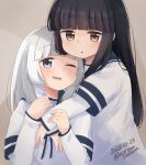  2girls aoshima_sakana black_hair blue_sailor_collar blunt_bangs blush brown_eyes dated grey_hair hatsuyuki_(kancolle) hime_cut kantai_collection layered_sleeves long_hair long_sleeves multiple_girls one_eye_closed open_mouth parted_lips sailor_collar school_uniform serafuku shirakumo_(kancolle) simple_background twitter_username upper_body 