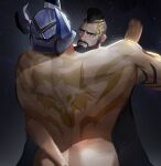  2boys ass back_tattoo bad_id bad_twitter_id bara beard brown_hair chest_hair completely_nude facial_hair fake_horns feet_out_of_frame from_behind glowing glowing_eyes head_on_another&#039;s_shoulder helmet highres horned_helmet horns implied_anal implied_sex long_beard male_focus mature_male mohawk mordekaiser motion_blur multiple_boys muscular muscular_male mustache nude pantheon_(league_of_legends) short_hair sociopotato1 starry_background tattoo thick_eyebrows torogao undercut yaoi 