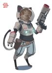  1other animal_ears artist_logo barefoot cat cat_ears furry green_eyes gun highres holding holding_gun holding_weapon leather_belt michael_angelo_dulay original scar scar_across_eye sharp_teeth siamese_cat simple_background solo_focus spacesuit standing teeth weapon 