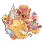  beauty_and_the_beast belle_(disney) belle_(disney)_(cosplay) brown_eyes castle closed_mouth clothed_pokemon cosplay cup dress earrings entei flower hand_mirror jewelry mirror no_humans pawpads petals pokemon pokemon_(creature) rose sharp_teeth smile teacup teapot teeth toneko transparent_background vulpix yellow_dress 