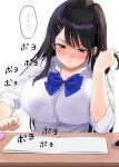  ... 1girl black_hair blue_bow blue_bowtie blush bow bowtie breasts cleavage closed_mouth collared_shirt commentary_request desk kaisen_chuui large_breasts long_sleeves looking_down original purple_eyes school_uniform shirt simple_background solo white_background white_shirt 