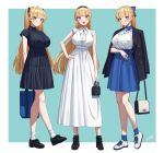  alternate_costume bag bare_arms black_dress blazer blonde_hair blue_eyes blunt_bangs blush breasts collared_dress collared_shirt contrapposto dress floral_print full_body grin hairband handbag head_tilt high_tops highres jacket jacket_on_shoulders large_breasts lina_(michihasu) long_dress long_hair looking_at_viewer michihasu multicolored_eyes multiple_views open_clothes open_jacket open_mouth original puckered_lips shirt shirt_tucked_in shoes short_dress short_sleeves simple_background smile sneakers socks standing standing_on_one_leg tented_shirt two_side_up white_dress 