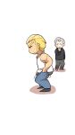  2boys ass bara blonde_hair blush bulge bulge_lift character_request chibi denim dressing feet_out_of_frame from_side highres i&#039;ve_never_seen_a_guy_recreate_this_successfully_tbh_(meme) jeans long_sideburns male_focus meme motion_lines multiple_boys muscular muscular_male open_pants pants pants_lift rorondo short_hair sideburns sweatdrop tank_top undersized_clothes white_tank_top 