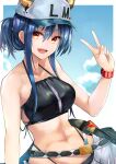  1girl :d akasabi arknights bare_arms bare_shoulders baseball_cap bikini black_bikini blue_hair breasts ch&#039;en_(arknights) collarbone commentary_request dragon_horns female_tourist_c_(arknights) folded_ponytail hair_between_eyes halterneck hand_up hat highleg highleg_bikini highres horns horns_through_headwear long_hair looking_at_viewer medium_breasts navel official_alternate_costume open_mouth red_eyes sidelocks smile solo stomach swimsuit v white_headwear 