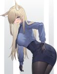  1girl absurdres angel_no_shousou animal_ear_fluff animal_ears ass black_gloves black_skirt blonde_hair blue_archive blue_eyes blue_shirt blue_skirt breasts brown_pantyhose buttons collared_shirt cowboy_shot dress_shirt extra_ears from_behind gloves hair_over_one_eye hand_on_own_hip high-waist_skirt highres kanna_(blue_archive) large_breasts leaning_forward long_hair long_sleeves looking_at_viewer looking_back miniskirt necktie open_mouth pantyhose pencil_skirt police police_uniform sharp_teeth shirt shirt_tucked_in skirt solo standing sweatdrop taut_clothes taut_skirt teeth thighs uniform 