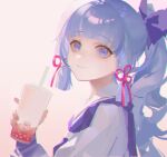  1girl absurdres blue_eyes blue_hair bow closed_mouth cup disposable_cup drinking_straw from_side genshin_impact gyokuen hair_bow hair_ribbon hand_up highres holding holding_cup kamisato_ayaka kamisato_ayaka_(heytea) long_hair looking_at_viewer looking_to_the_side official_alternate_costume ponytail purple_bow purple_sailor_collar red_ribbon ribbon sailor_collar shirt sidelocks smile solo tress_ribbon upper_body white_shirt 