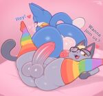  &lt;3 animal_crossing anthro backsack balls big_butt blonde_hair blue_body bottomless butt clothed clothing domestic_cat duo erection eyewear felid feline felis frumples genitals glasses hair huge_butt legwear male male/male mammal nintendo penis rover_(animal_crossing) spread_legs spreading thick_thighs thigh_highs 