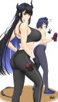  2girls ass black_gloves black_hair black_horns black_pants black_sports_bra blue_eyes blue_hair bottle breasts from_side gloves grey_pants grin hair_intakes highres holding holding_bottle hololive hololive_english holster horns huge_breasts joy-con long_hair looking_at_viewer mole mole_under_eye multiple_girls nerissa_ravencroft notice_lines ouro_kronii pants red_eyes ring_fit_adventure ryu_seung shoes short_hair smile sneakers sports_bra thigh_holster v very_long_hair virtual_youtuber white_sports_bra yoga_pants 