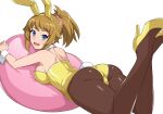  1girl :d animal_ears ass blue_eyes breasts brown_hair brown_pantyhose commentary_request detached_collar fake_animal_ears fake_tail from_behind gundam gundam_build_fighters gundam_build_fighters_try haruhisky high_heels hoshino_fumina large_breasts legs_up leotard looking_at_viewer looking_back lying on_stomach open_mouth pantyhose ponytail rabbit_ears rabbit_tail sidelocks simple_background smile solo tail the_pose white_background wrist_cuffs yellow_footwear yellow_leotard 