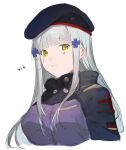  1girl absurdres beret black_headwear breasts character_name closed_mouth expressionless girls&#039;_frontline green_eyes grey_hair hair_ornament hat highres hk416_(girls&#039;_frontline) jacket large_breasts long_hair looking_at_viewer shishamo_(domado) sidelocks simple_background solo teardrop_facial_mark upper_body white_background 