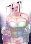  1girl absurdres akina_bbw artist_name bare_shoulders blonde_hair blue_hair blunt_bangs blush breasts cleavage collarbone elbow_gloves gloves hair_on_horn head_tilt highres horns lifted_by_self long_hair looking_at_viewer open_mouth original red_eyes red_lips slit_pupils solo straight-on sweat thick_arms thick_thighs thighs tsurime twitter_username upper_body zipper 