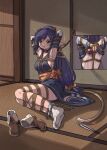  1girl absurdres animal_ears armpits arms_behind_head arms_up bdsm black_hair bondage bound bound_arms bound_legs breasts commission cuffs full_body highres indoors kuon_(utawarerumono) long_hair low-tied_long_hair medium_breasts nero_augustus restrained rope sash second-party_source shackles shibari shibari_over_clothes shoes shoes_removed socks solo sweat tabi tail utawarerumono utawarerumono:_itsuwari_no_kamen white_socks 