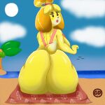  absurd_res animal_crossing anthro beach big_breasts big_butt bikini blush bodily_fluids breasts butt canid canine canis clothed clothing digital_media_(artwork) domestic_dog female fur guydude01 hair hair_bun hi_res huge_butt isabelle_(animal_crossing) looking_back mammal nintendo open_mouth palm_tree plant seaside shih_tzu solo swimwear toy_dog tree yellow_body yellow_fur 