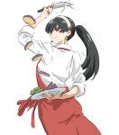  1girl apron black_hair breasts chopping cutting earrings food gold_earrings hairband highres holding holding_knife jewelry kitchen_knife knife large_breasts long_hair long_sleeves looking_at_viewer mitsugu onion red_eyes shirt sidelocks smile solo spy_x_family white_hairband yor_briar 