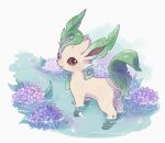  brown_eyes closed_mouth commentary_request flower full_body highres ichino_cco leafeon no_humans pokemon pokemon_(creature) purple_flower smile solo standing twitter_username wading water watermark 