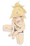  1girl bandeau blonde_hair blush breasts denim denim_shorts fate/apocrypha fate_(series) from_above green_eyes highres looking_at_viewer mordred_(fate) mordred_(fate/apocrypha) mordred_(memories_at_trifas)_(fate) open_mouth ponytail short_shorts shorts simple_background sitting sketch small_breasts solo teeth tenoo12 white_background 