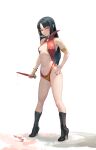  1girl black_footwear black_hair blood blood_on_knife blood_on_weapon boots bracelet breasts full_body hand_on_own_hip highres holding holding_knife jewelry knife long_hair looking_at_viewer navel red_eyes slingshot_swimsuit solo standing swimsuit vampirella vampirella_(character) weapon yugen99 