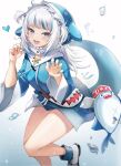  1girl animal_costume animal_hood bloop_(gawr_gura) blue_eyes blue_footwear blue_hair blue_jacket blue_nails blurry claw_pose depth_of_field fingernails fins fish_tail gawr_gura gawr_gura_(1st_costume) god284777 hair_ornament hands_up heart highres hololive hololive_english hood hood_up jacket long_sleeves medium_hair multicolored_clothes multicolored_footwear multicolored_hair multicolored_jacket nail_polish open_mouth shark_costume shark_girl shark_hair_ornament shark_hood shark_tail sharp_fingernails sharp_teeth smile streaked_hair tail teeth thighs two-tone_hair two_side_up underwater v-shaped_eyebrows virtual_youtuber white_footwear white_hair wide_sleeves x 