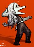  2023 4_fingers anthro artist_name black_bottomwear black_clothing black_jeans black_pants bottomwear chibi clothing denim denim_clothing digital_drawing_(artwork) digital_media_(artwork) dinosaur dot_eyes fang_(gvh) female fingers goodbye_volcano_high grey_body grey_scales hair halter_top hi_res jeans long_hair open_mouth orange_background pants pterodactylus pterosaur reptile scales scalie short_tail signature silver_hair simple_background snoot_game snout solo tail teguimore 